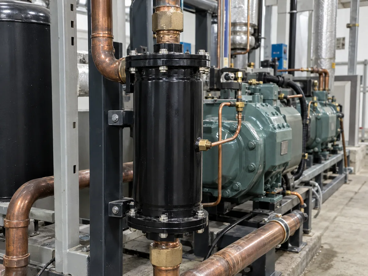 Large filter drier installed near commercial refrigeration compressors and copper piping.