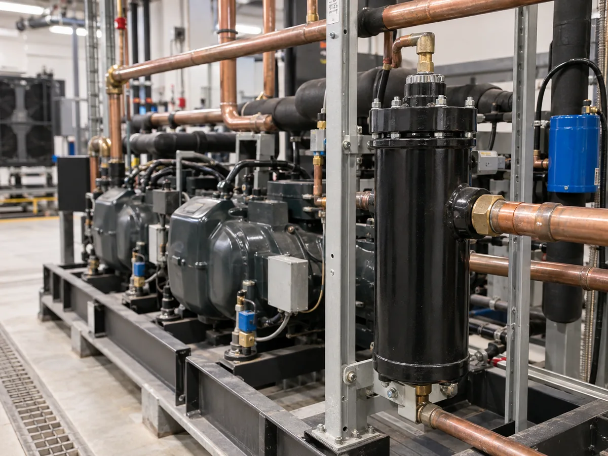 Commercial refrigeration rack with filter drier hardware and serviceable piping.