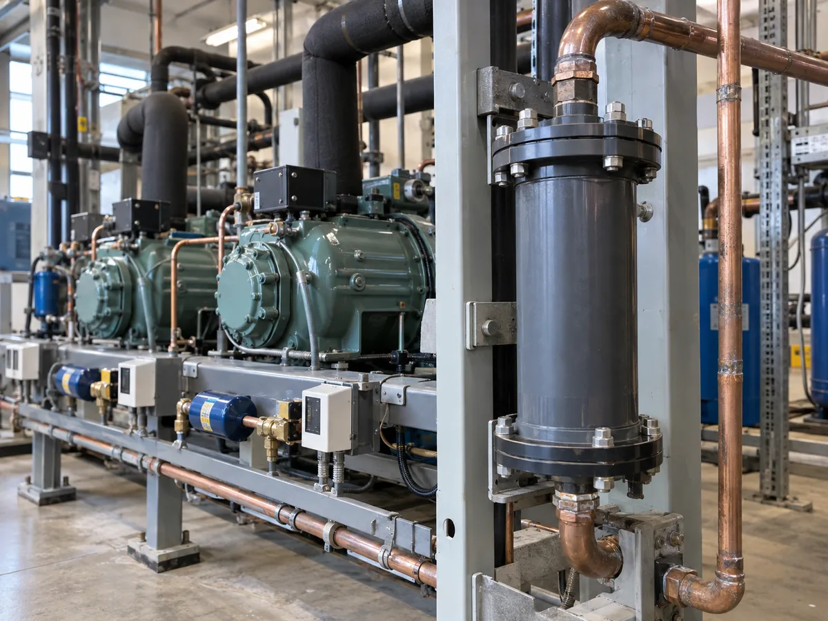 Commercial refrigeration system showing a filter drier and surrounding piping for system checks.