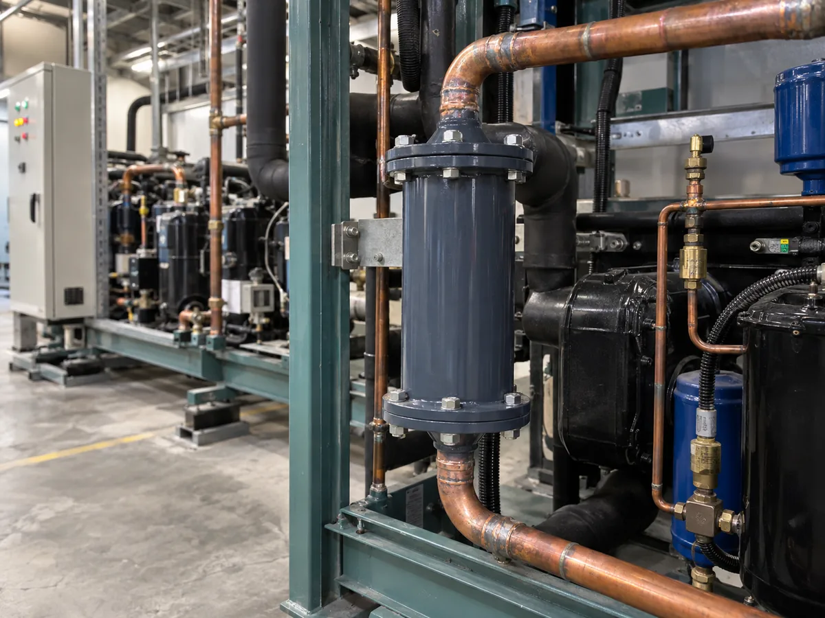 Serviceable filter drier shell with bolted cover and copper connections in a mechanical room.