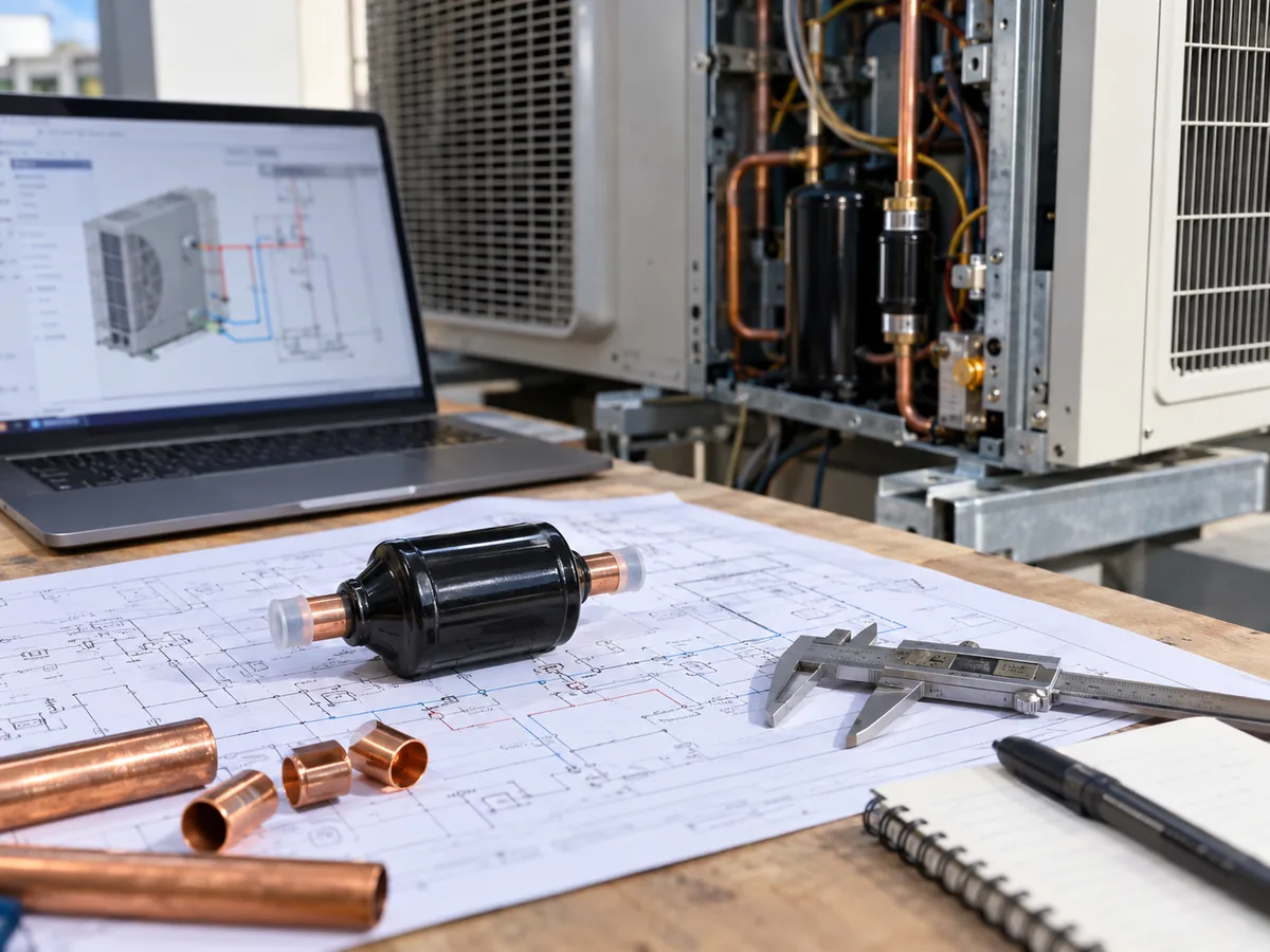 Filter drier on a technical workbench with drawings, caliper, copper fittings, and a datasheet review screen.