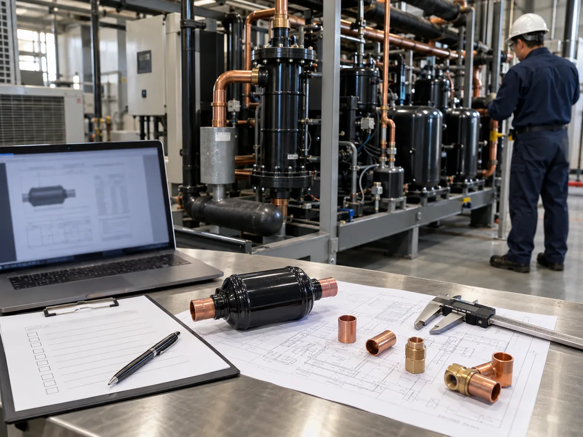 HVAC engineering review station with a filter drier, drawings, measuring tools, and refrigeration equipment.