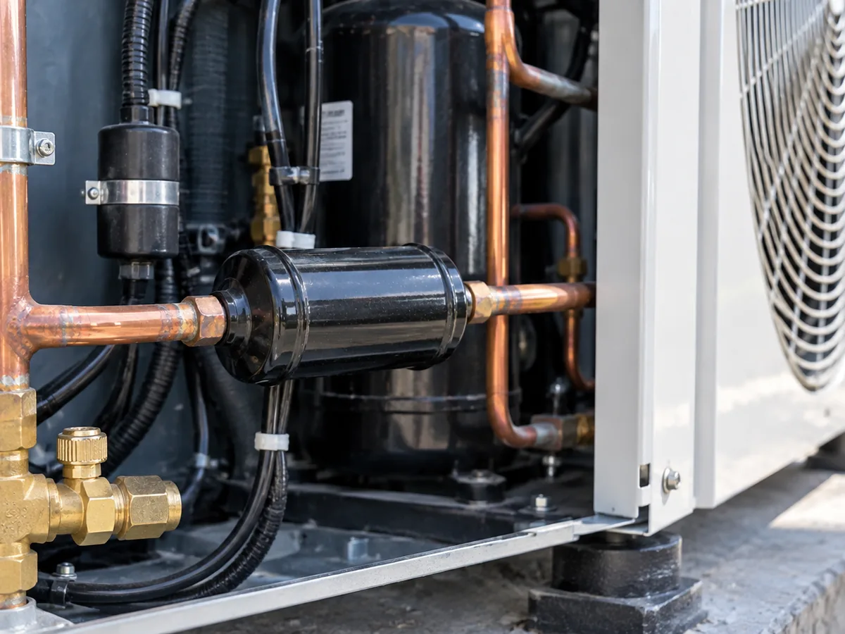 Outdoor HVAC filter drier installed in copper refrigerant piping beside an open condensing unit.