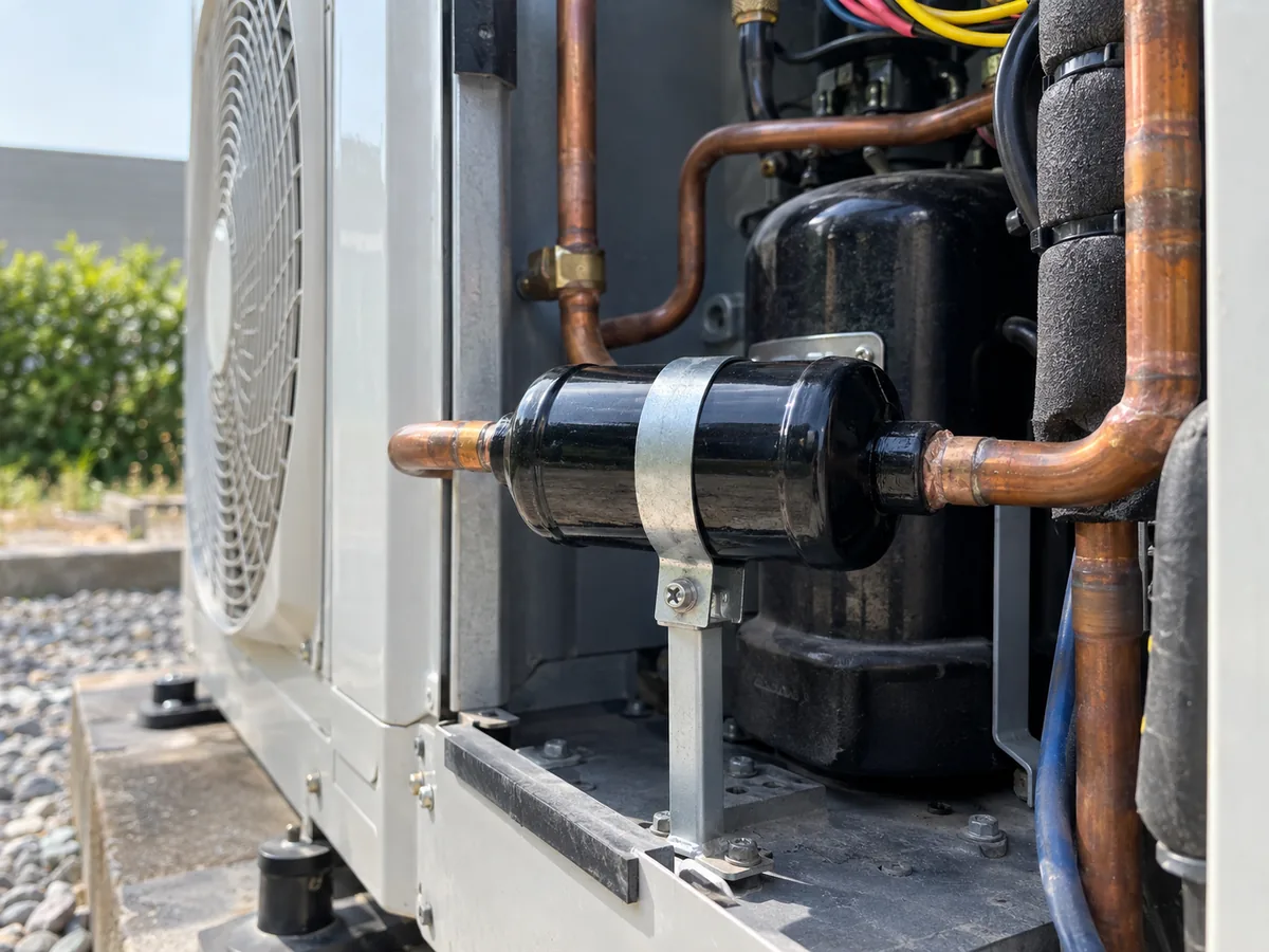 Close view of a filter drier installed in the refrigerant line of an outdoor HVAC unit.