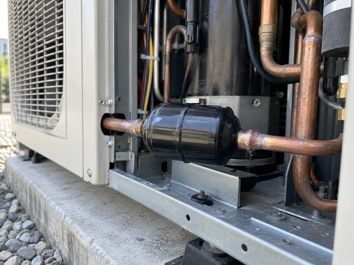 Filter drier installed inside an open heat pump outdoor unit with copper refrigerant piping visible.