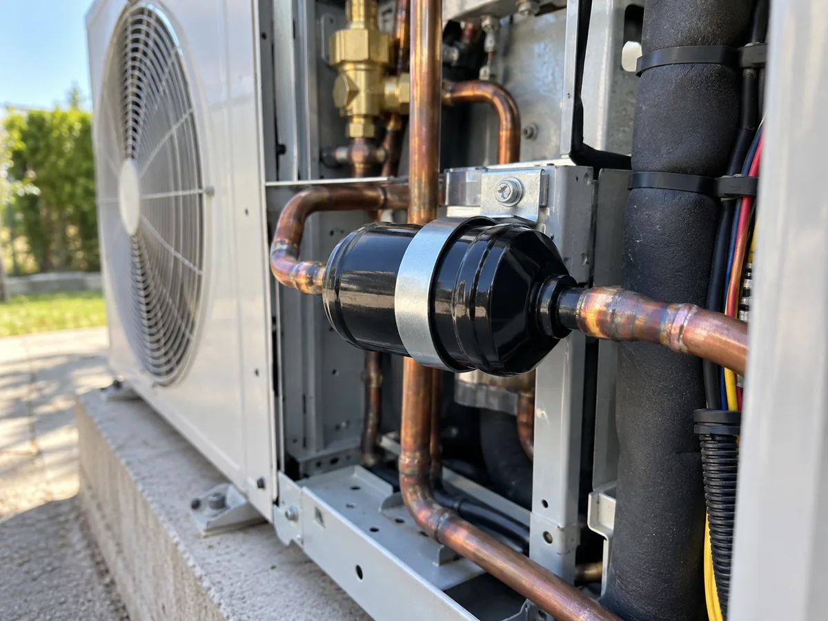 Liquid-line filter drier installed in an outdoor HVAC unit with refrigerant piping visible.