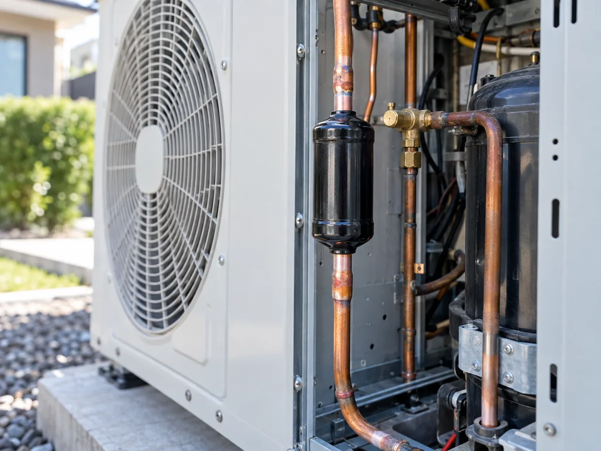 Outdoor HVAC system with a filter drier visible in the refrigeration circuit.
