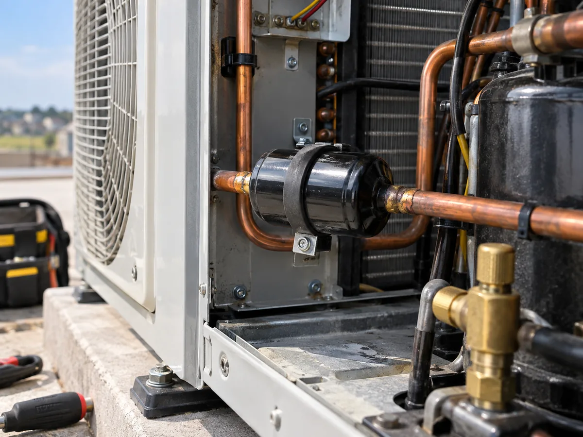 Filter drier installation inside an outdoor heat pump unit with refrigerant piping visible.
