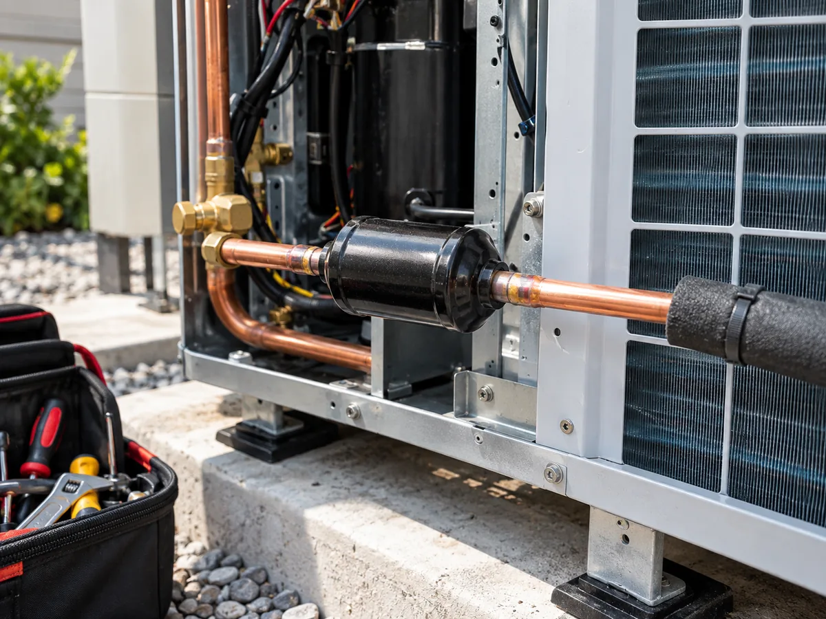 Outdoor HVAC filter drier installation shown with service tools beside the equipment.