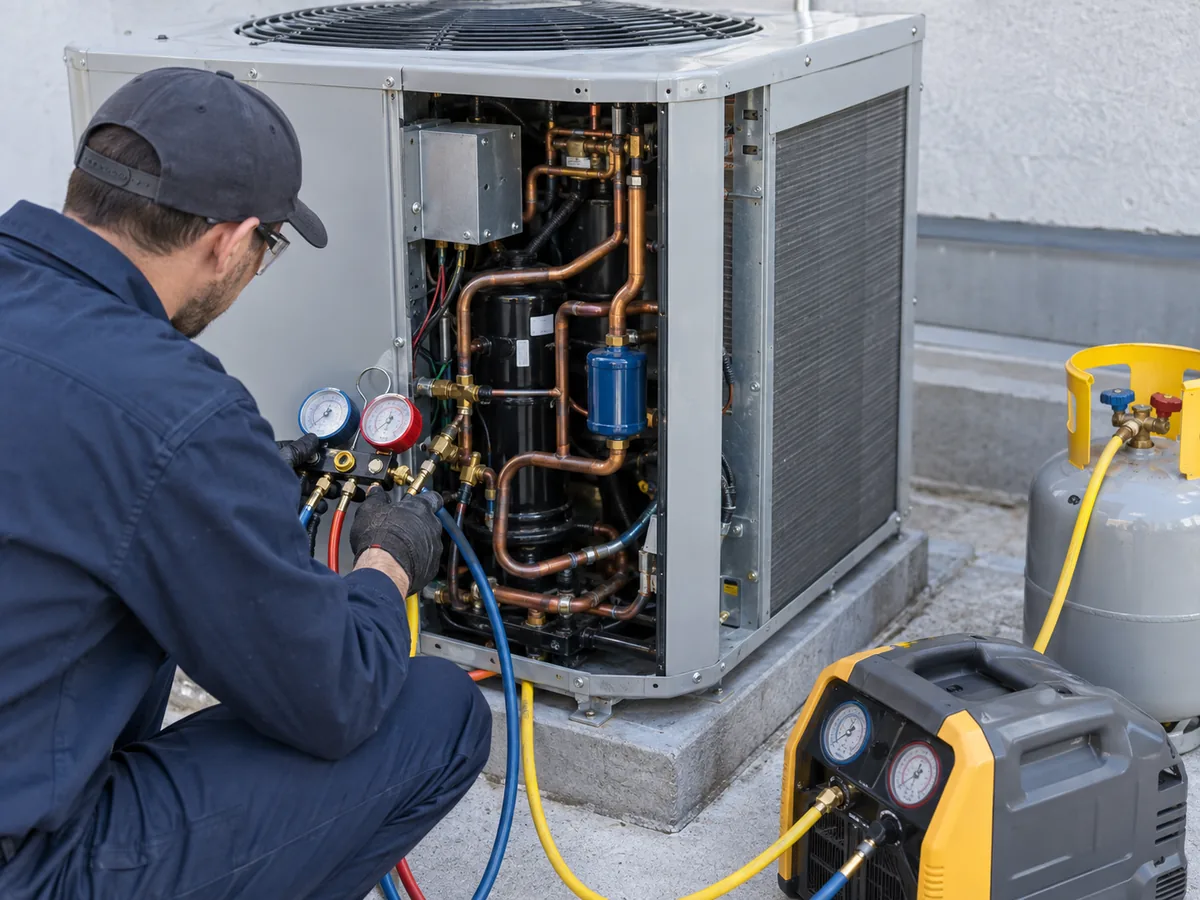 HVAC technician servicing a refrigerant circuit with recovery equipment beside an outdoor unit.