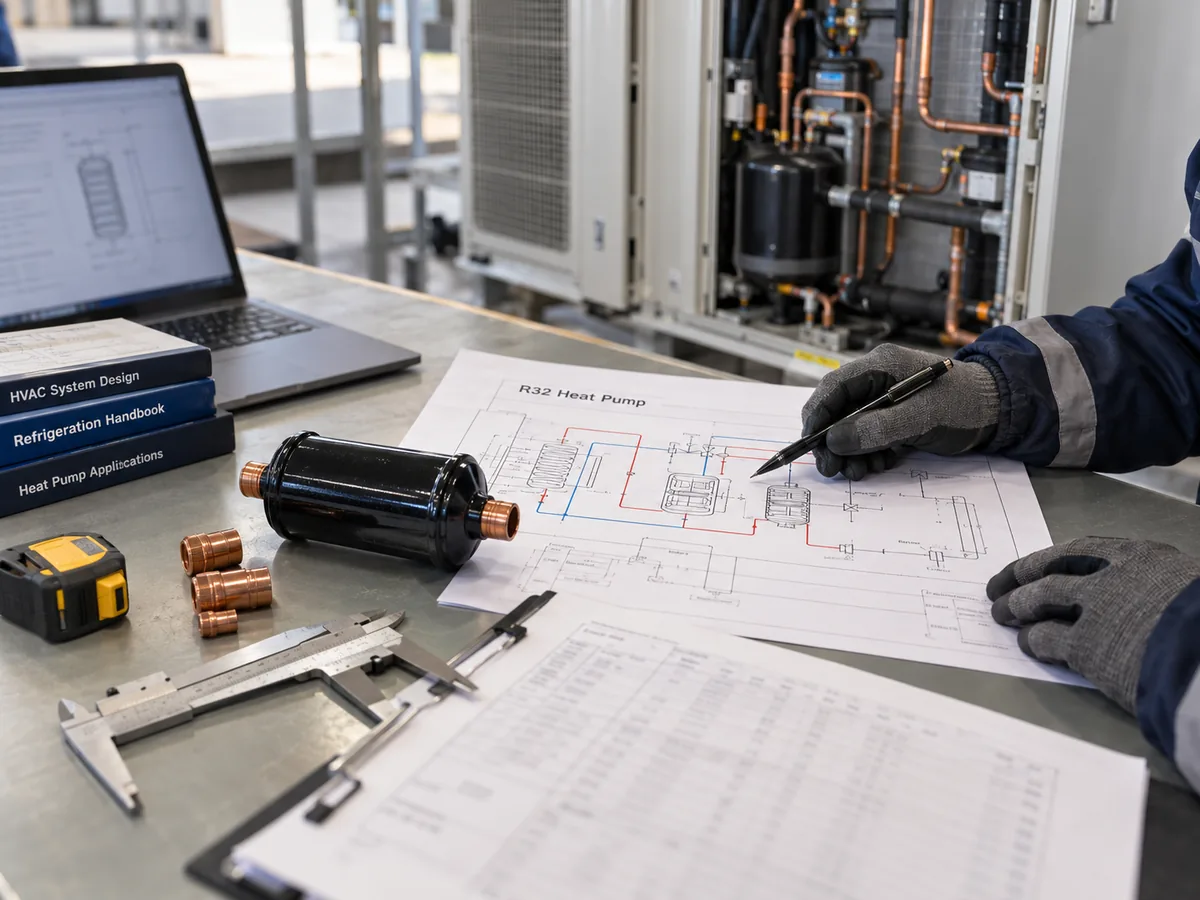Engineer reviewing an R32 heat pump refrigeration diagram beside a filter drier and copper fittings.