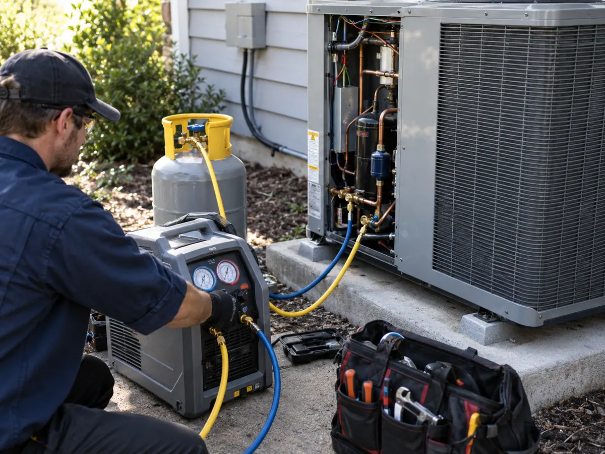 Qualified technician performing controlled refrigerant service on an outdoor HVAC system.