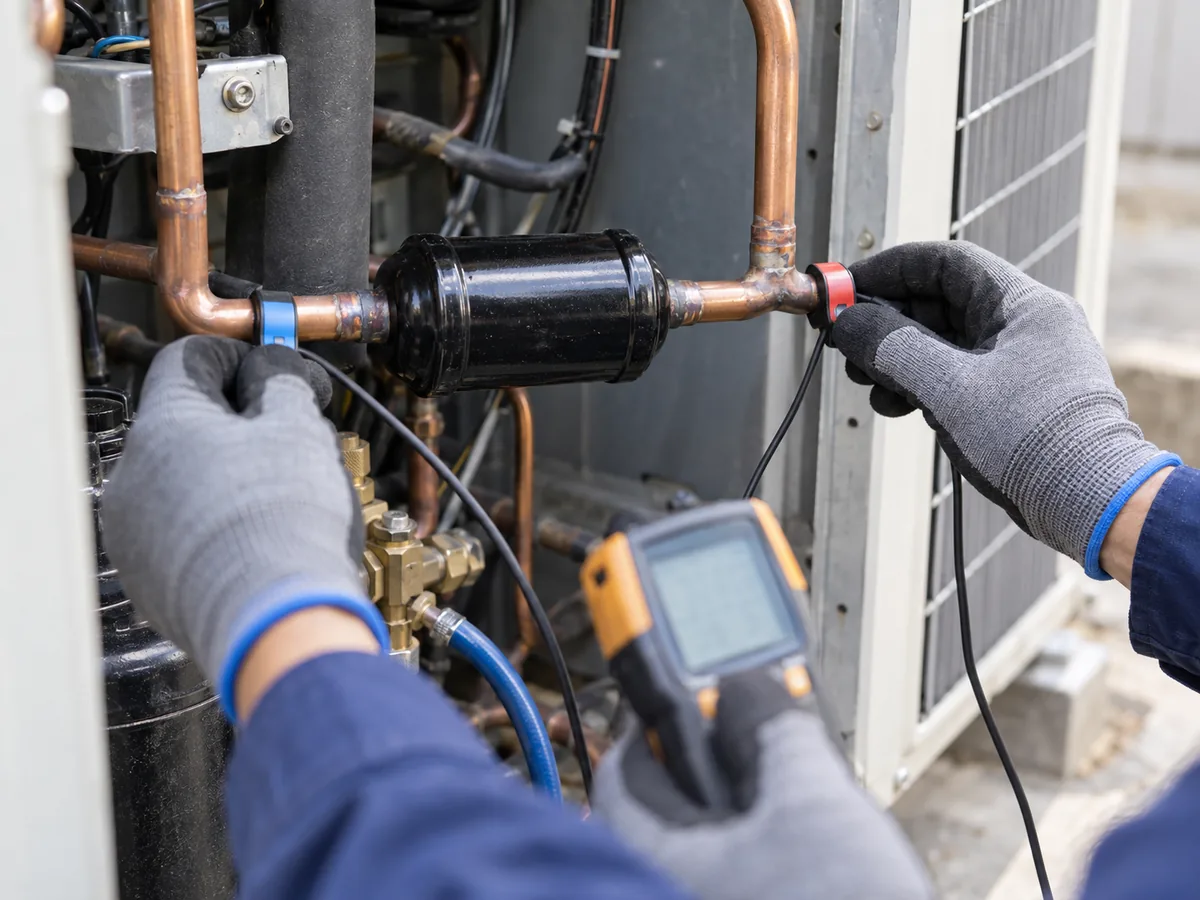 Temperature probes clamped to refrigerant lines on both sides of an installed filter drier.