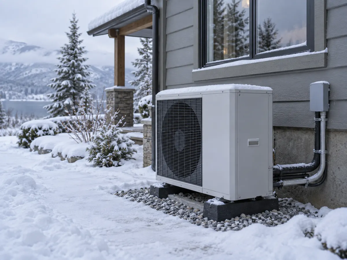 Residential heat pump outdoor unit operating in snowy winter conditions