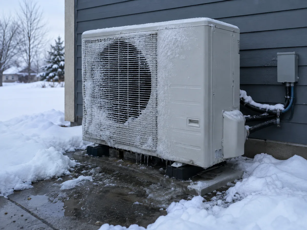 Outdoor heat pump with frost and defrost drainage in cold winter weather.