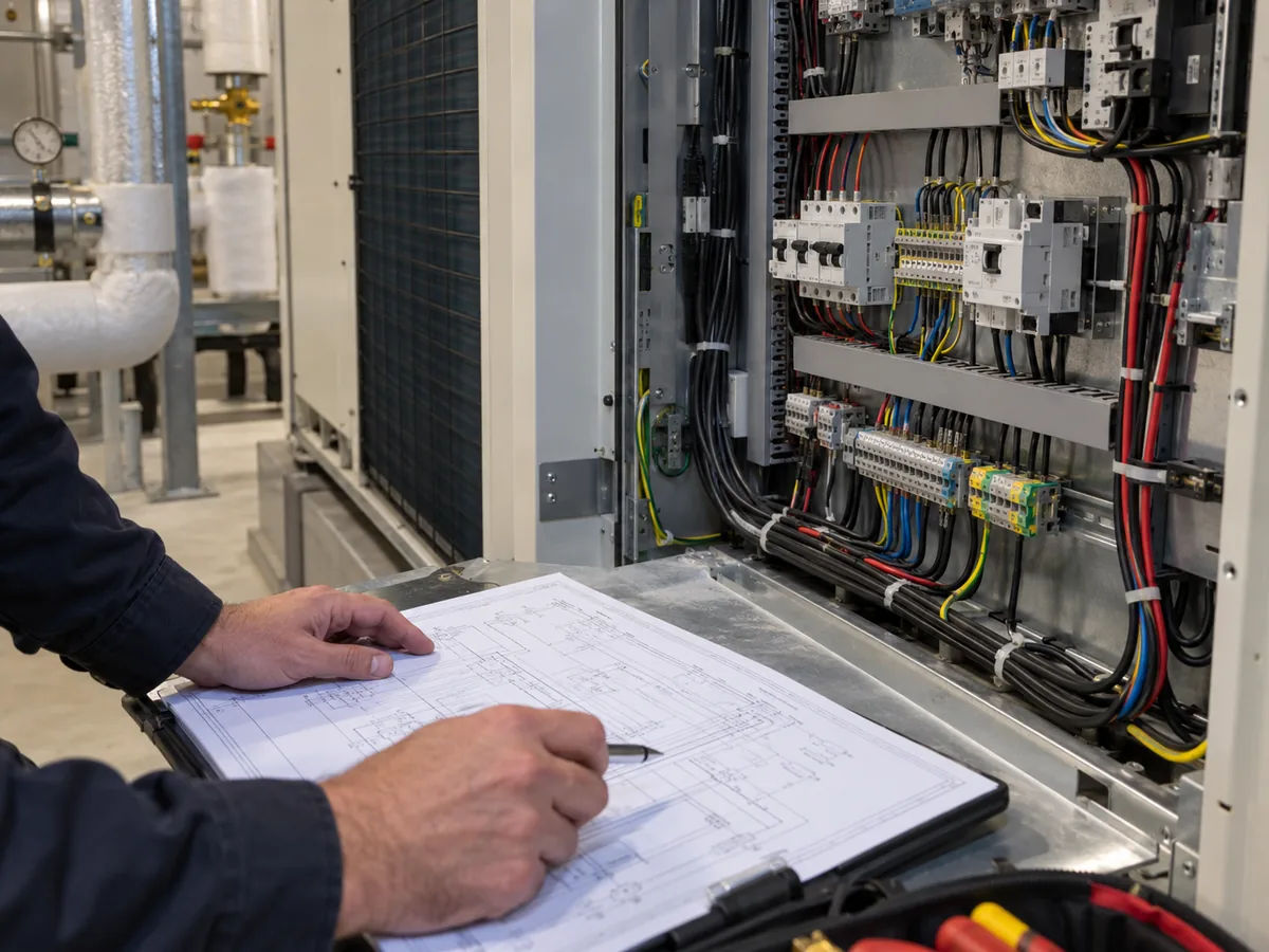 Technician reviewing a heat pump electrical schematic beside an open control panel.