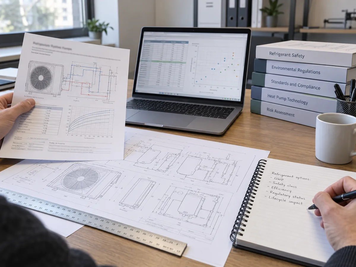 Heat pump engineering drawings and technical compliance review on a work desk