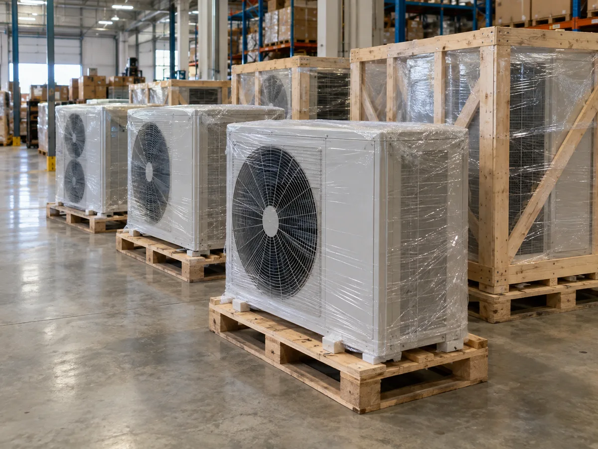 Heat pump outdoor units wrapped and palletized in a warehouse before shipment