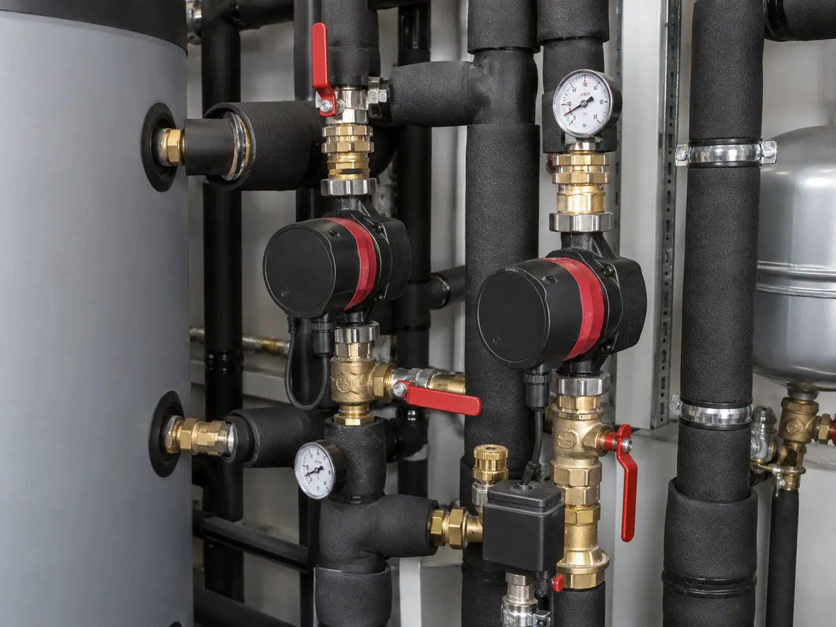 Hydronic heat pump components including circulation pumps, valves, gauges and insulated pipework.