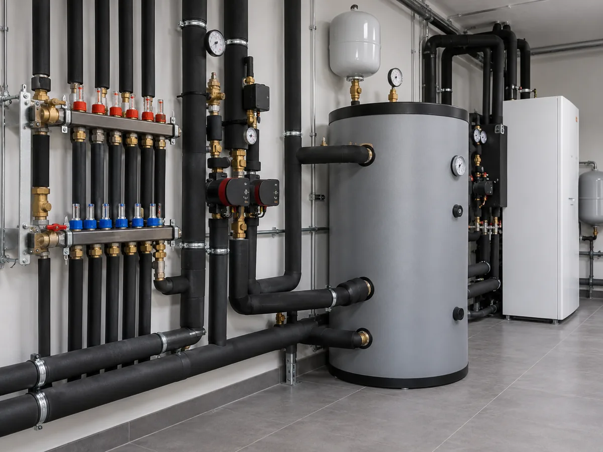 Air-to-water heat pump hydronic system with buffer tank, pumps, manifolds and insulated pipes.