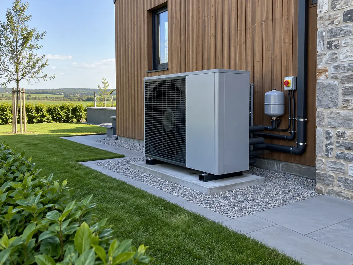 Heat pump installation with clear outdoor service access and pipe routing.