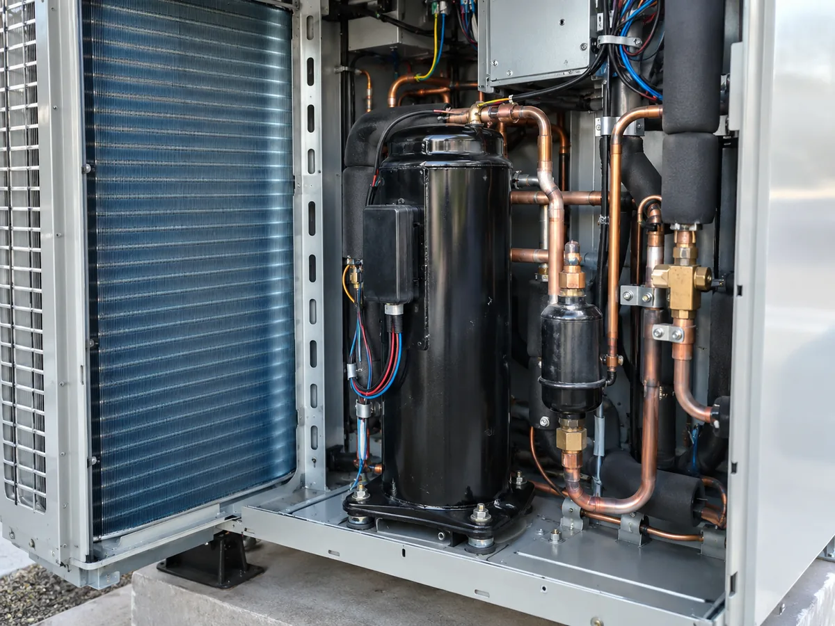 Internal heat pump components including compressor, coil and copper refrigerant piping.