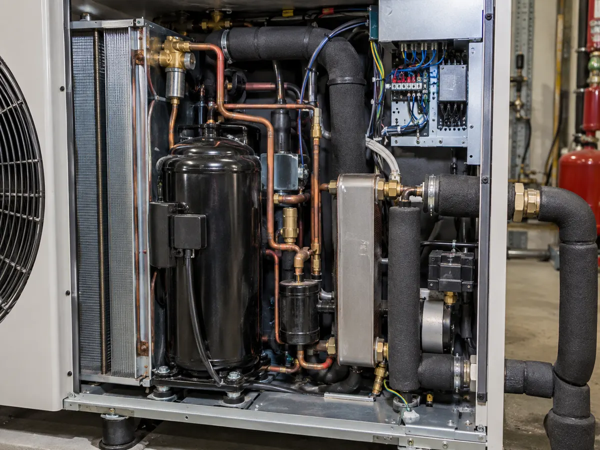 Heat pump internal compressor, copper tubing, heat exchanger and control components