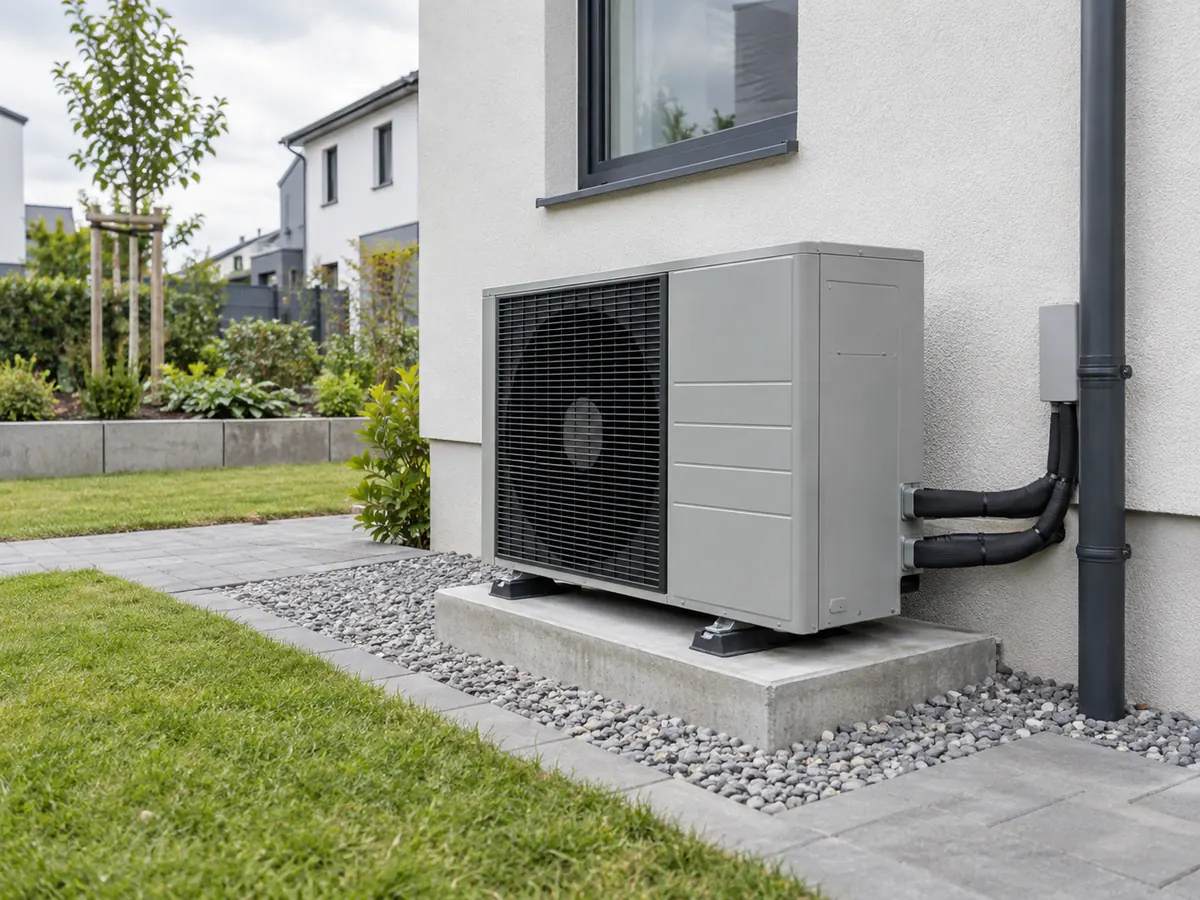 Outdoor air-source heat pump installed beside a modern home.