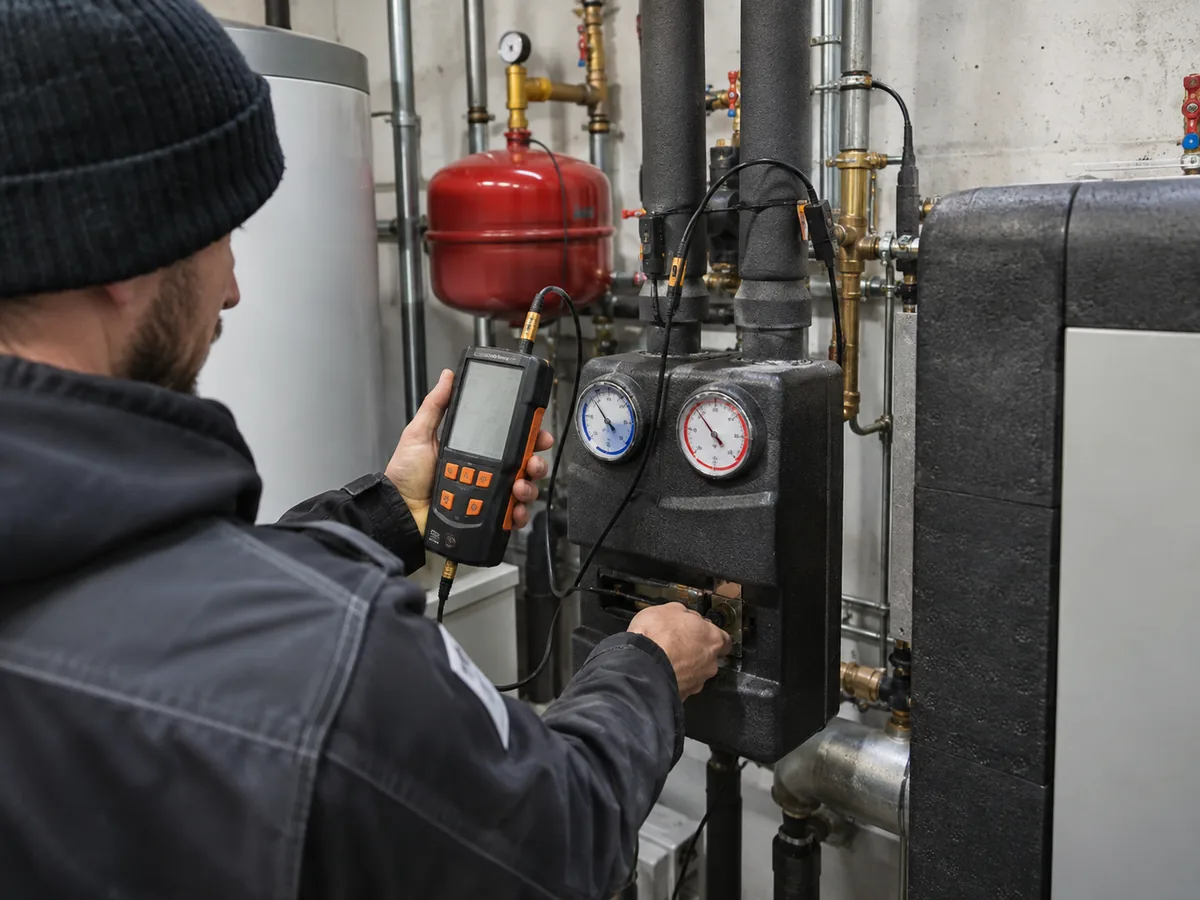 Heat pump commissioning check using test instruments on the hydronic system.