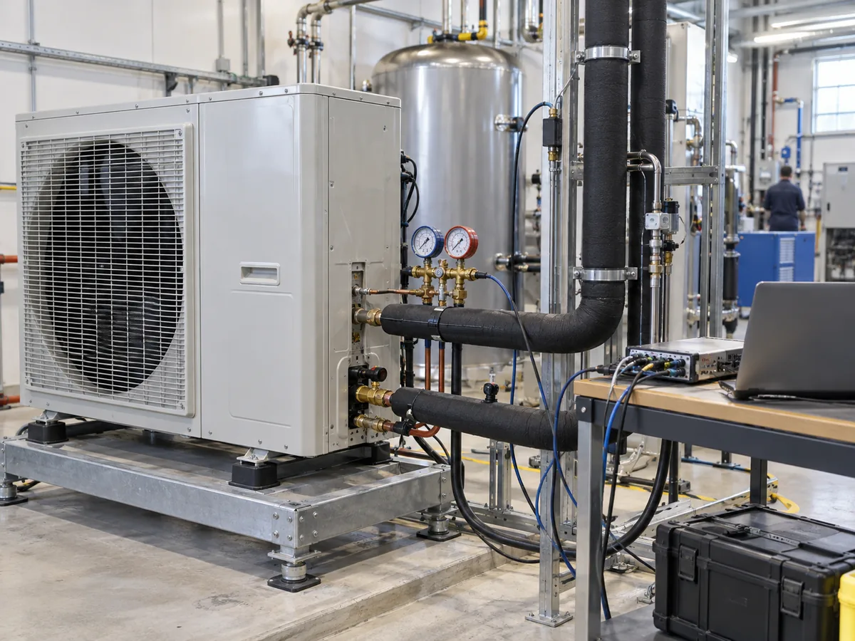 Heat pump connected to hydronic test equipment in an HVAC workshop