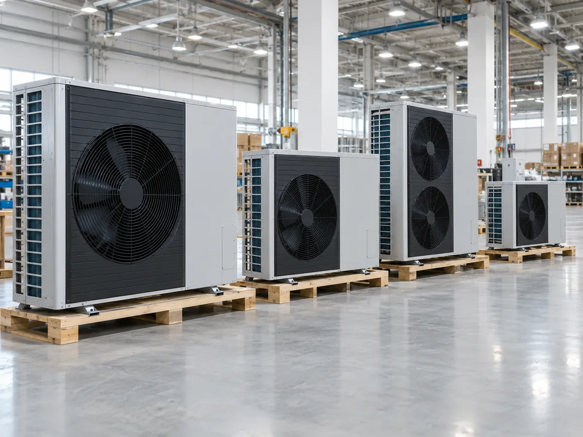 Heat pump product range arranged in a clean industrial facility.