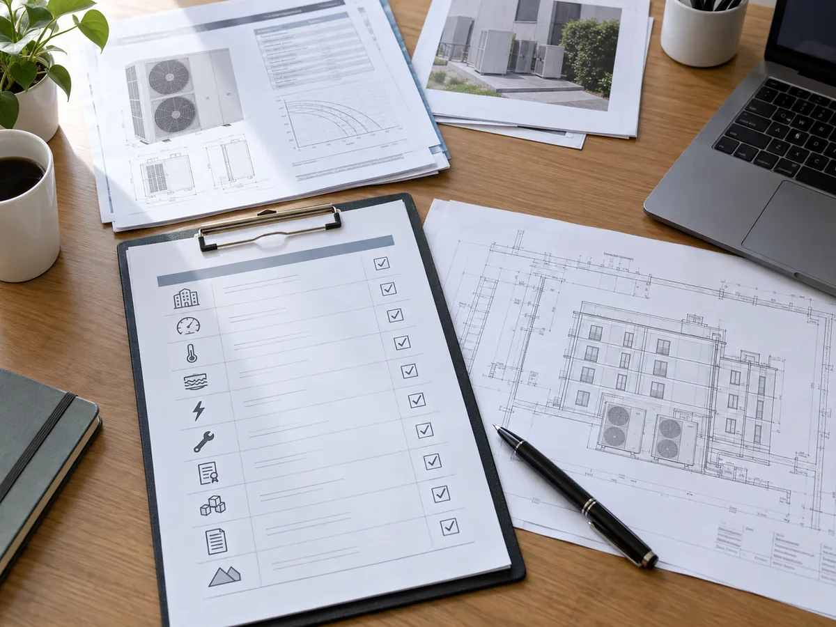 Heat pump project input checklist with drawings, product data and design information.