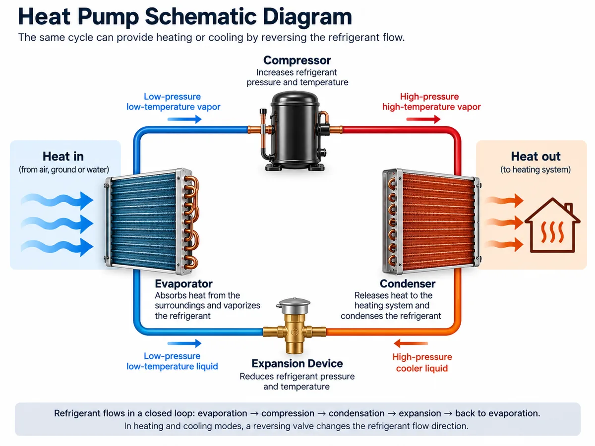Heat pump schematic diagram showing the evaporator, compressor, condenser, expansion device and refrigerant flow.