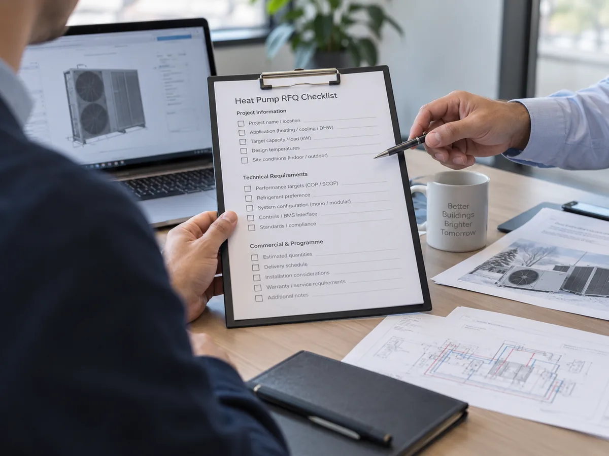 Heat pump RFQ checklist reviewed with project drawings and equipment information.