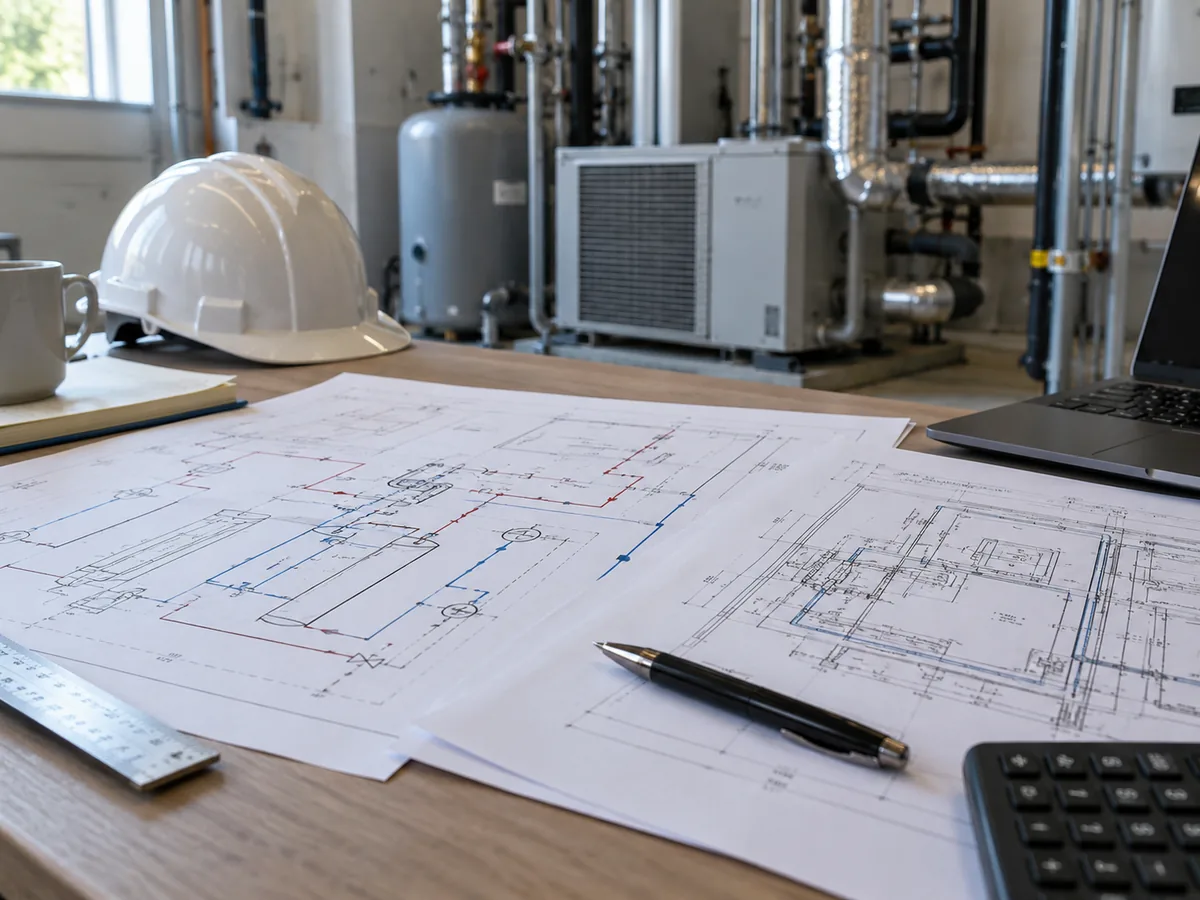 Heat pump schematic and installation drawings reviewed on an engineering workbench.