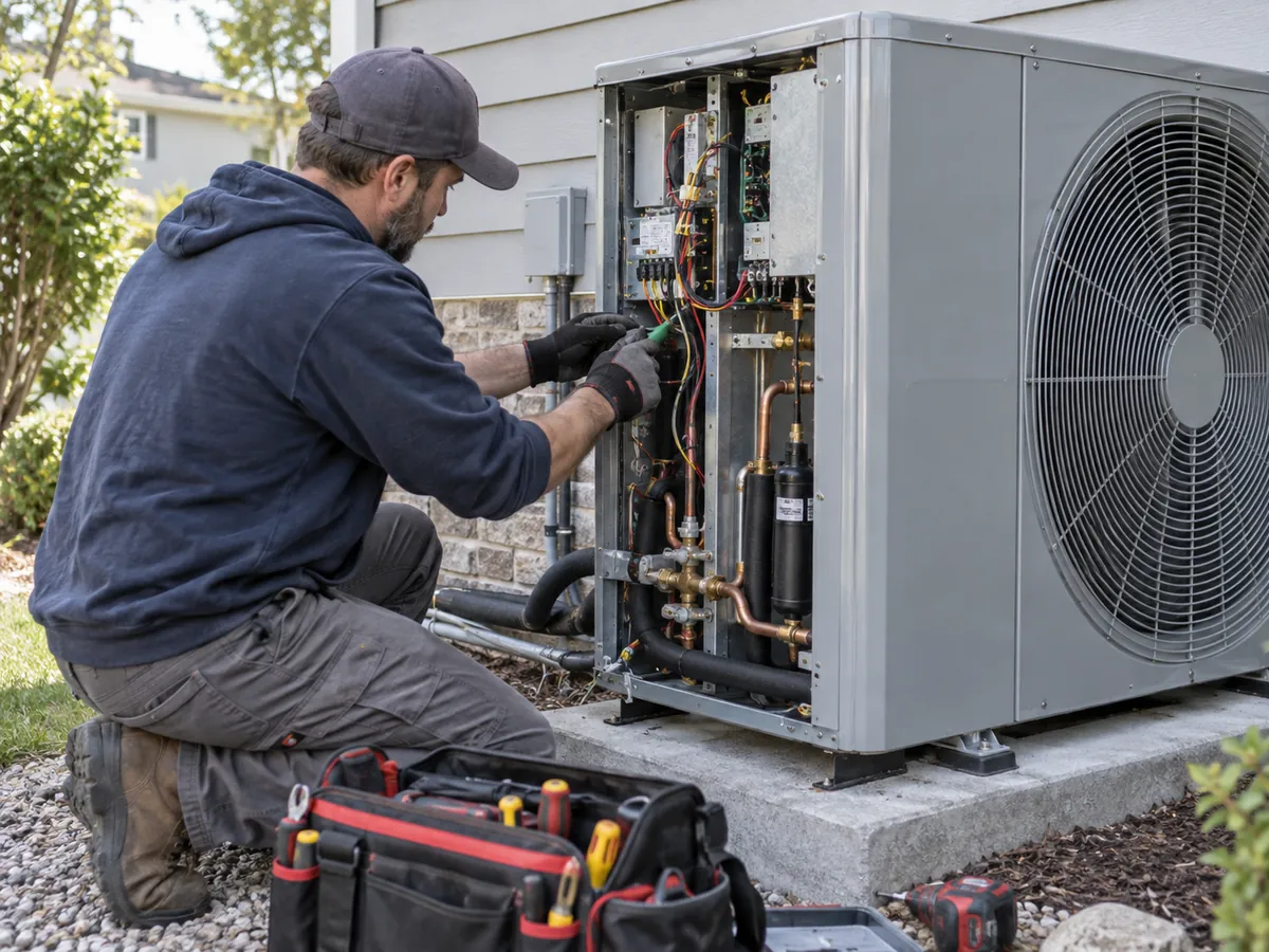 HVAC technician inspecting the internal components of a heat pump outdoor unit