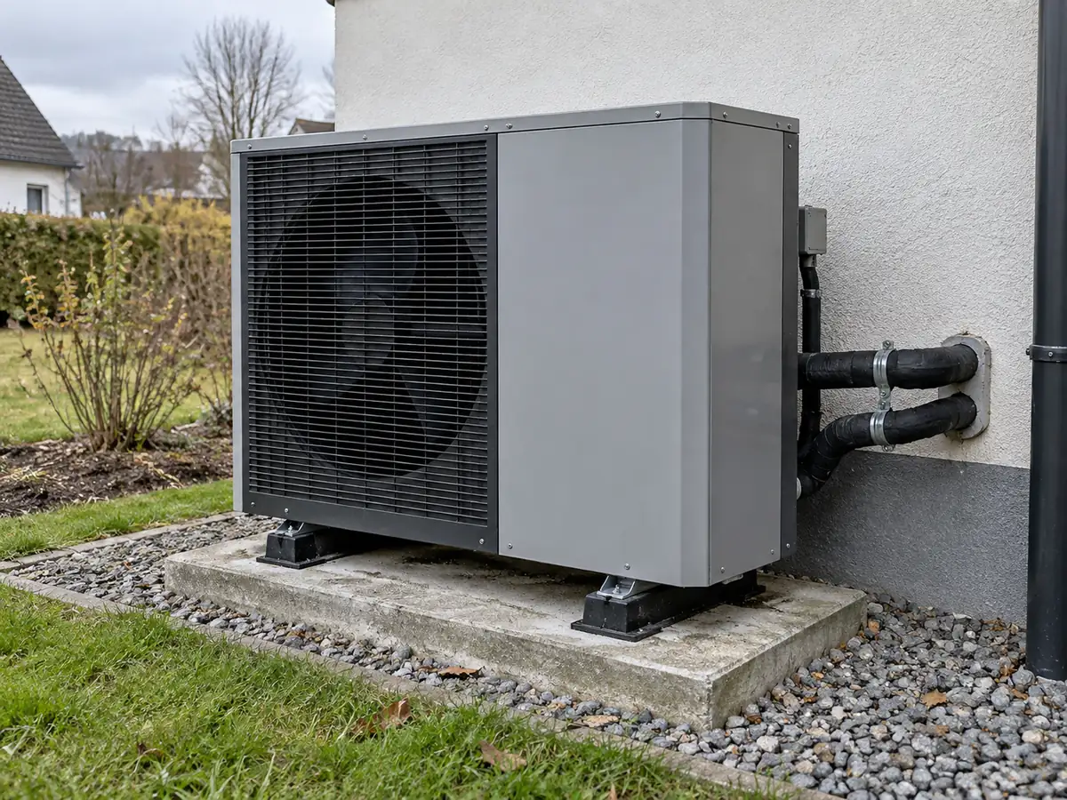 Residential heat pump outdoor unit with insulated pipework beside an exterior wall