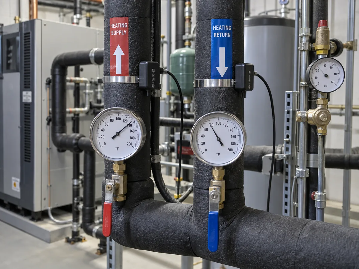 Heat pump supply and return temperature gauges used to check operating conditions.