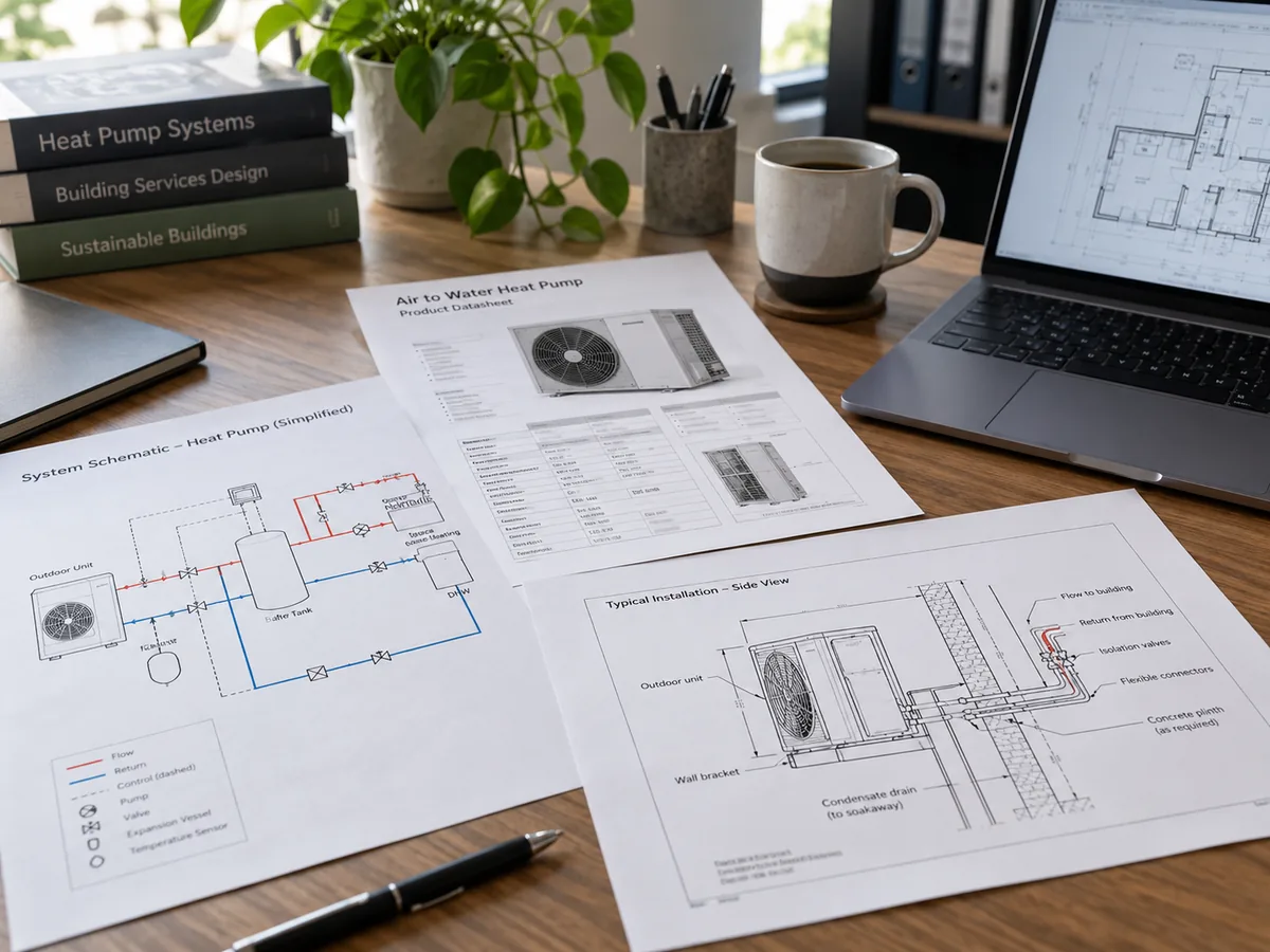 Heat pump technical documents, system schematic and product data reviewed for selection.