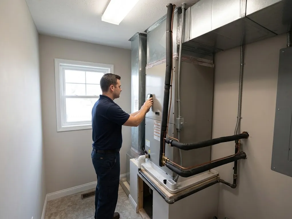 Technician checking HVAC airflow and system operating conditions