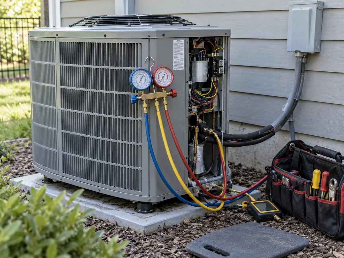 Air conditioner commissioning setup with gauges and service tools
