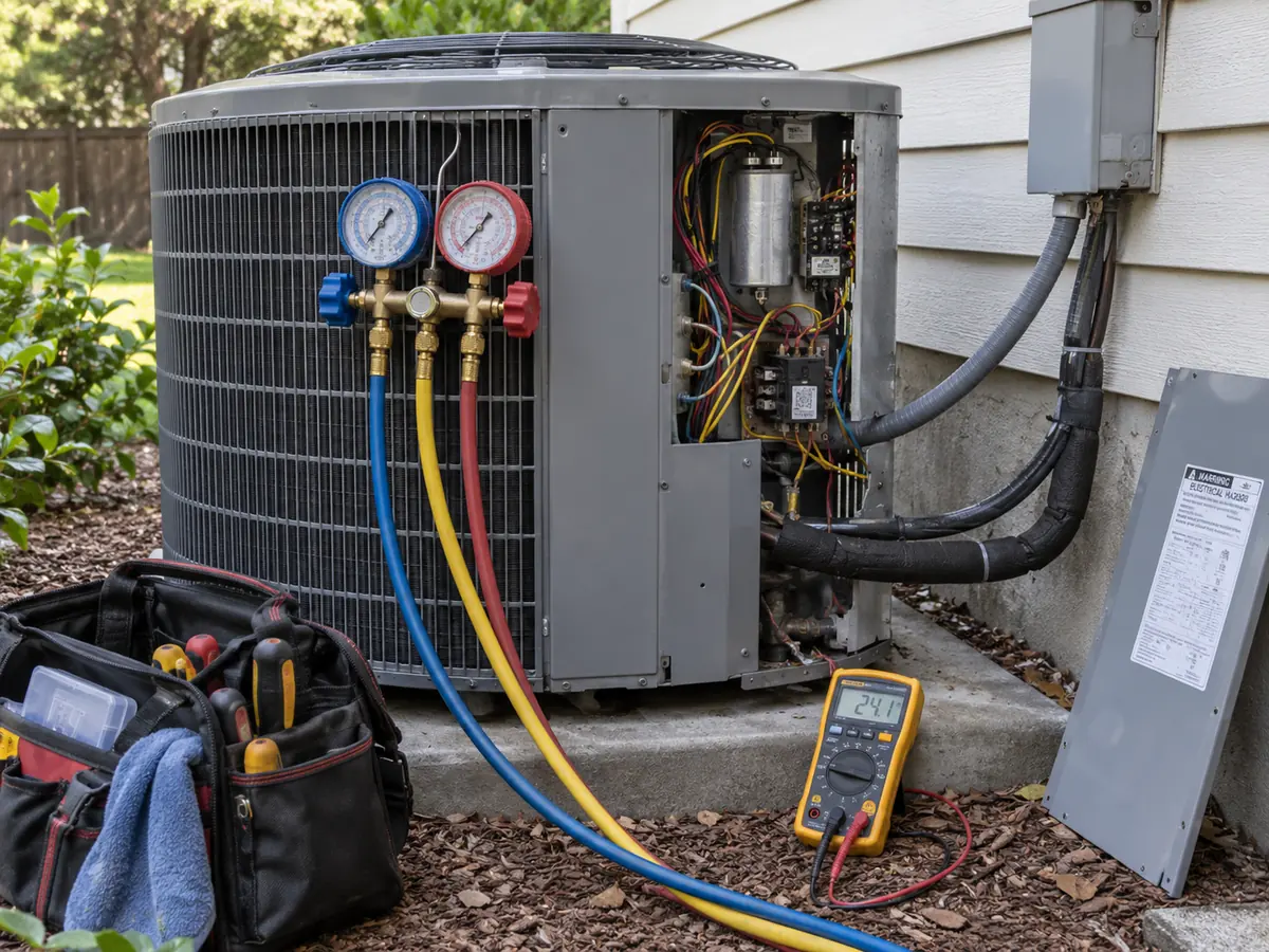 Outdoor air conditioner under diagnostic testing with gauges and electrical meter