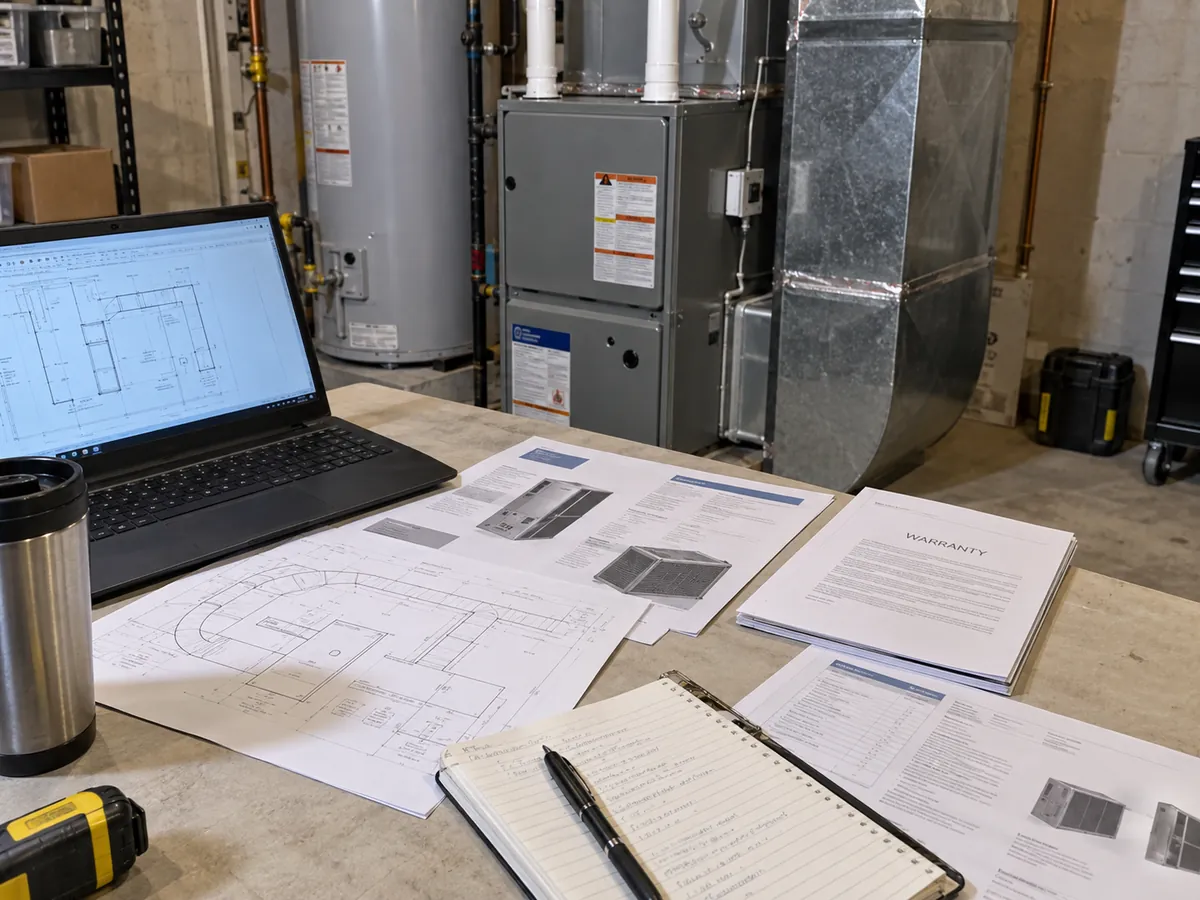 HVAC documents, warranty papers, laptop, and technical drawings under review