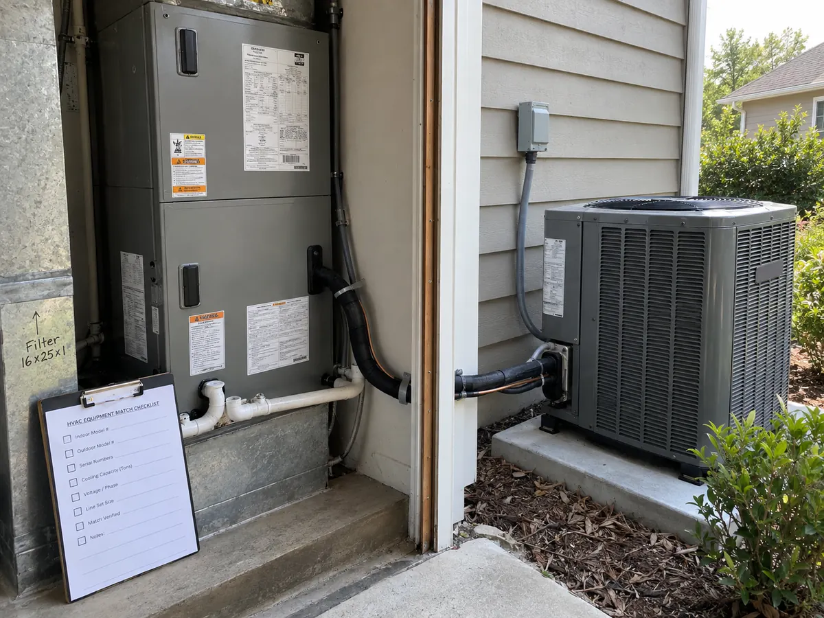 Indoor and outdoor HVAC equipment shown together for system-match verification