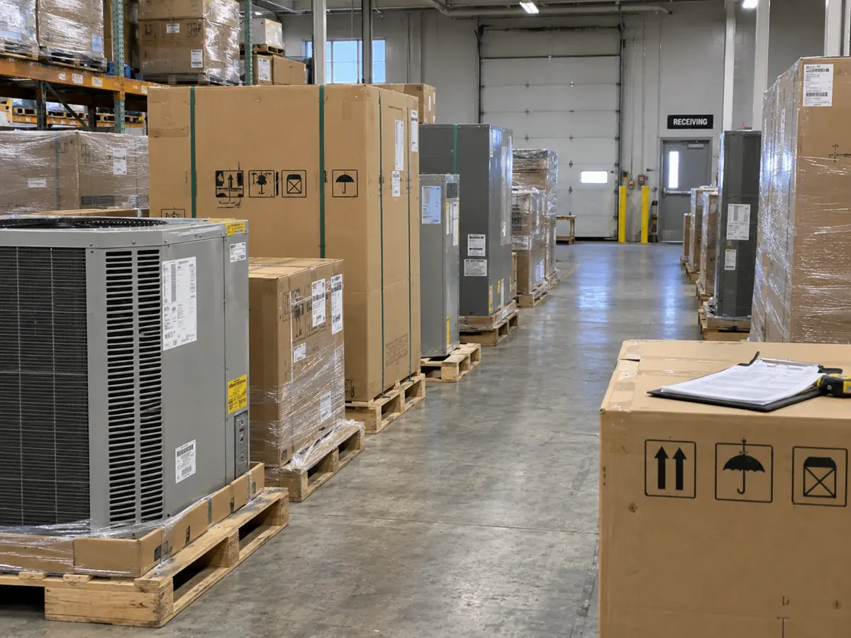 HVAC equipment in a receiving warehouse ready for model and shipment verification