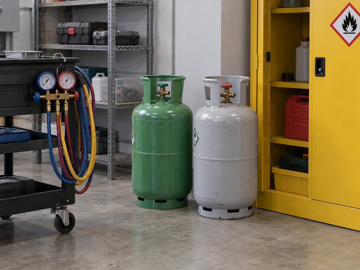 HVAC refrigerant cylinders and service equipment in a workshop storage area