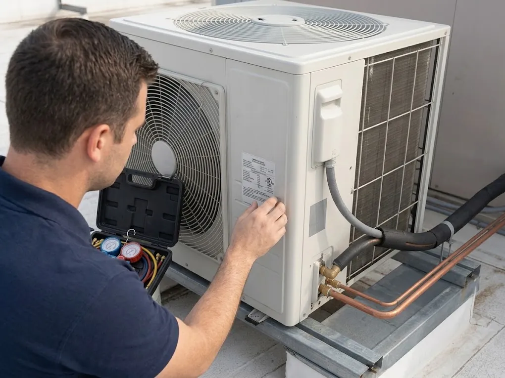 Technician checking HVAC equipment identification before selecting refrigerant PT data