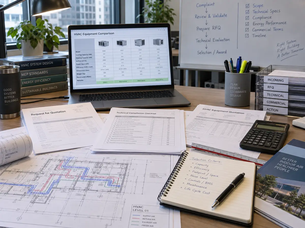 HVAC quotation, technical checklist, comparison sheet, and project drawings on a review desk