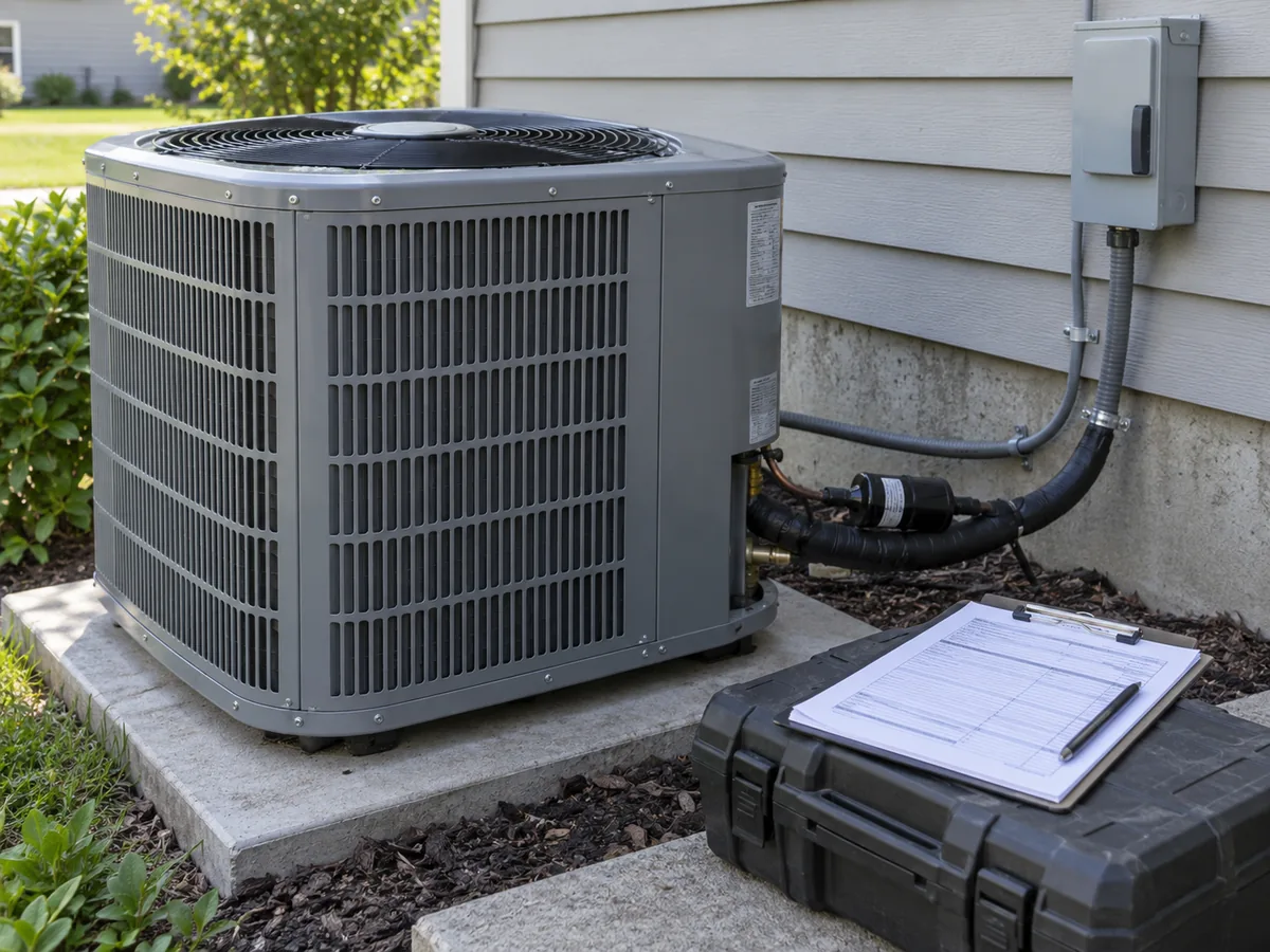 Outdoor air conditioner with service checklist prepared for final confirmation