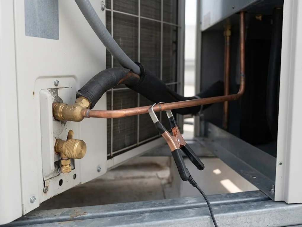 Temperature clamp measuring a liquid line during HVAC subcooling checking